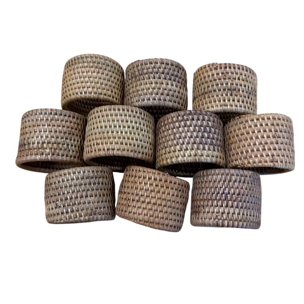 Set Of 10 Woven Rattan Napkin Rings Rustic Brown Round Table Decor Cottagecore